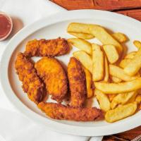 Chicken Fingers · Crispy golden all white meat chicken fingers served with fries and choice of dipping sauce.