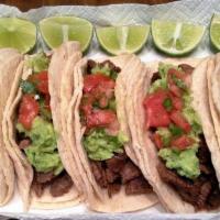 Tacos Sausage / Chorizo · TACOS
IT INCLUDES GUACAMOLE IT IS MADE WITH MEXICAN AVOCADO TOMATO ONION CILANTRO LEMON AND ...