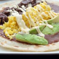 Baleada Regular  · MADE WITH ARINA TORTILLAS, BEANS, CHEESE, CREAM, EGG, AVOCADO OMPANIED WITH ITS RED OR  SPIC...