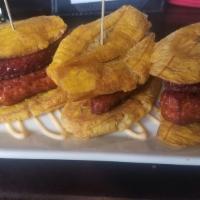 Dominican Slider · Fried plantain, salami, fried cheese and spicy mayo