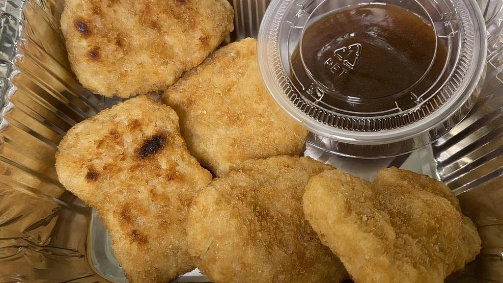 5Pc Chick'N Nuggets · vegan chick'n nuggets 5pc with you choice of BBQ or Sweet & Sour Sauce. Please specify when ordering.