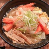Seafood Ramen · Shrimp, kani, scallop and king mushroom with a soy sauce and vegetable based soup broth and ...