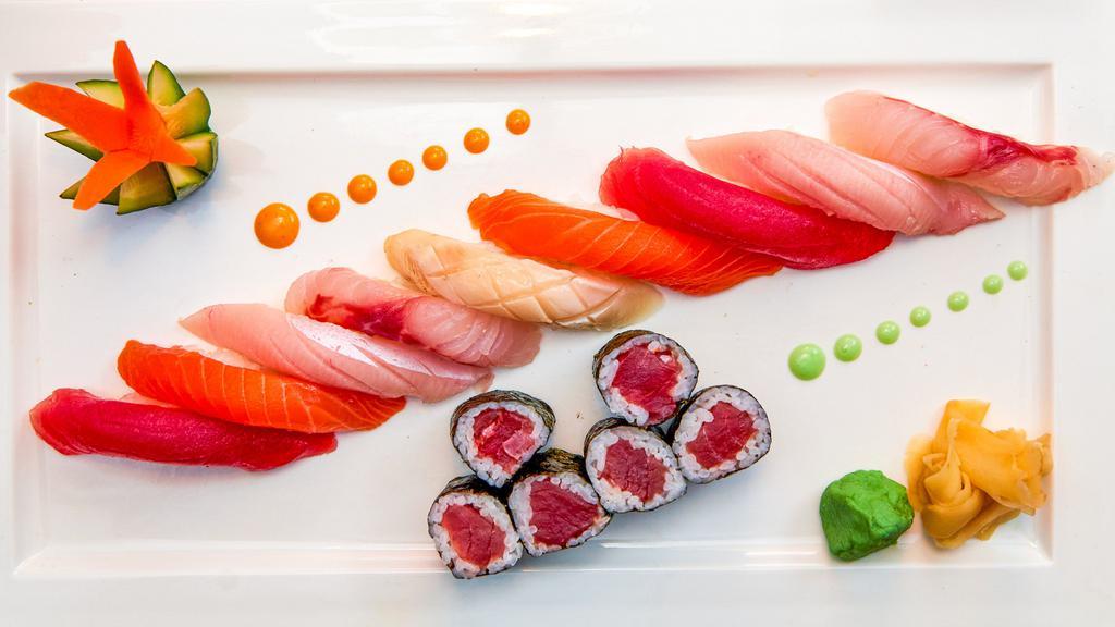 Sushi  Dinner · nine pieces of assorted sushi and one tuna roll Served with soup or salad.