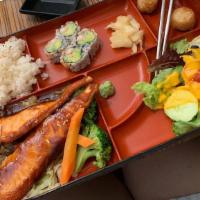 Dinner Salmon Teriyaki Bento Box · With your choice of miso soup or salad, shumai, California roll, vegetable tempura and rice.
