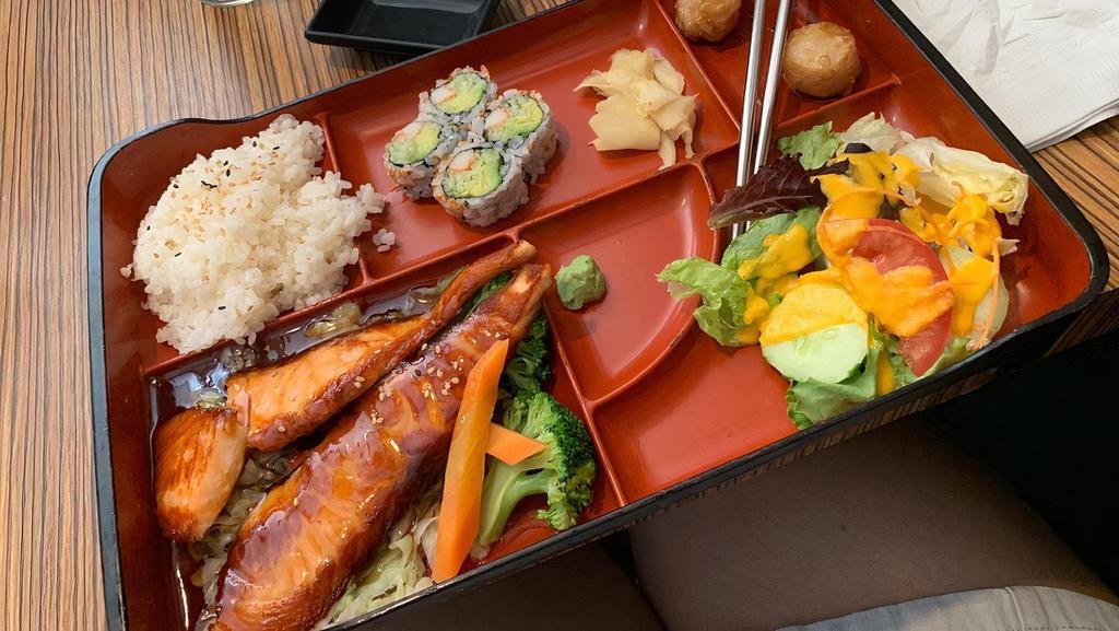 Dinner Salmon Teriyaki Bento Box · With your choice of miso soup or salad, shumai, California roll, vegetable tempura and rice.