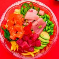Poke Rainbow · Tuna, salmon, yellowtail, seaweed salad, edamame, mango, cucumber, furikake, green onion, av...