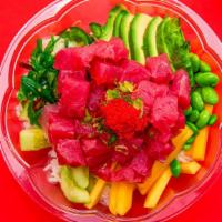 Classic Hawaii Bowl · tuna seaweed salad , edamame ,mango,cucumber,furikake, onion,avocado , kizami nori , tobiko ...