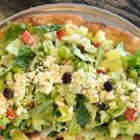 Greek Salad Pizza · Lettuce, Tomatoes, Cucumbers, Red Peppers, Green Peppers, Feta Cheese, and Olives mixed in o...
