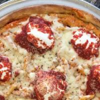 Ziti Pizza · Deep-dish pizza, marinara sauce, ziti, ricotta and mozzarella.