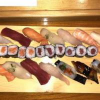 Tri-Color Sushi · 3pcs of salmon, 3pcs of tuna, and 3pcs yellowtail w. sayori roll.