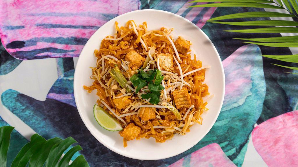 Vegan Pad Thai · Flat rice noodles served with bean sprouts and crushed peanuts, and your choice of tofu or vegetables.