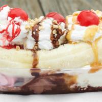 Banana Split · Vanilla, Chocolate, Strawberry Ice Cream with Chocolate, Strawberry &  Caramel Syrups, Peanu...