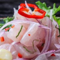 Ceviche De Corvina · Raw whitefish marinated in lime juice, red onions, blend of spices, and hot peppers.