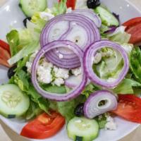 Greek Salad Catering · Tomatoes, cucumbers, onions, olives, and feta cheese in an olive oil dressing. Supersized fo...