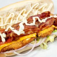 The Munchie · Chicken Cutlet, Pepperoni, American Cheese, Bacon, Lettuce, Onion, and Mayo.