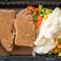 Meat Loaf Dinner · Homemade meat loaf, mashed potatoes and mixed veges.