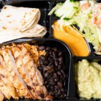 Chicken & Guacamole Plate · Served with Mexican rice, black or pinto bean, lettuce, tomato, cucumber, fresh tortillas tw...
