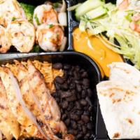 Chef Special Rice Platter · Jumbo shrimp, mushroom, broccoli, onion, zucchini, cilantro, grilled skirt steak chicken, an...