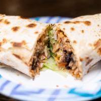 Chicken Burrito · Served in large fresh tortillas with rice, black bean, cheddar cheese, guacamole, sour cream...