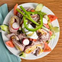 Majestic Chef Salad · turkey, ham, roast beef, American and swiss cheese, hard-boiled egg, and sliced tomatoes on ...