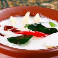 Tom Kha Gai · spicy. chicken soup with galangal, lemon grass, mushrooms, bell pepper, coconut milk in lime...