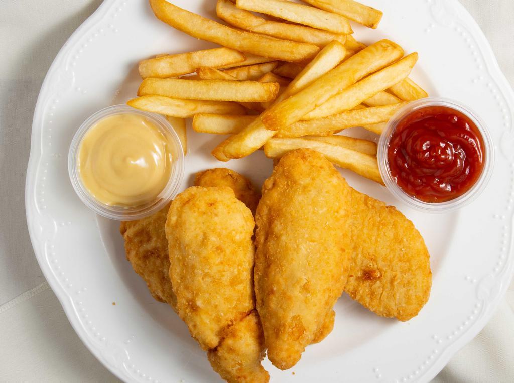 Chicken Fingers · Breaded and fried chicken strips.