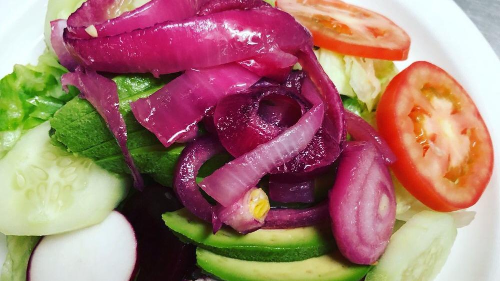 Ensalada Mixta · Lettuce, tomato, onions, cucumber and avocado beets radish. Choose your dressing.
