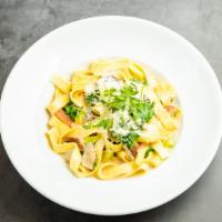Wild Mushroom Pappardelle · Vegetarian. Fresh shiitake and oyster mushrooms, oven-dried tomatoes, kale, asparagus, parmi...