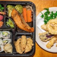 Kohaku Bento Dinner · 1 miso soup, 1 shrimp dumpling, 1 salmon teriyaki or chicken, 1 shrimp tempura, 1 california...