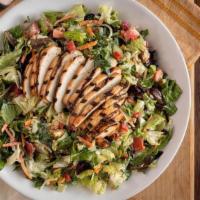 Honey Grilled Chicken Salad · Fresh greens, grilled chicken breast, thin spaghetti, bacon, red peppers, tomatoes, cheddar,...