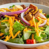 House Salad (Entree Size) · Fresh greens with diced cucumbers and tomatoes, red onions, cheddar cheese, and croutons.