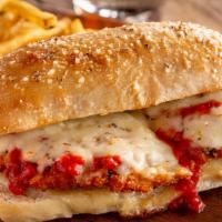 Chicken Parm Sand · Chicken breast, hand-breaded with panko bread crumbs and romano, smothered in housemade mari...