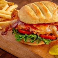 Bbq Bacon Chicken Sandwich · Grilled chicken breast with honey BBQ sauce, aged cheddar, crispy bacon, lettuce, and tomato.