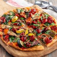 Vegan Garden Pizza · Fresh spinach, roasted vegetables, mushrooms, seasoned cherry tomatoes, and pizza sauce on o...