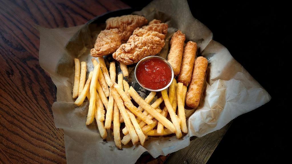 Kid'S Chix And Stix · Two Chicken tenders, three mozzarella sticks and a choice of side. Served with marinara.