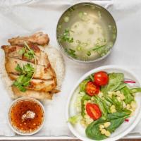 Grilled Chicken Set · Lemongrass grilled chicken, tangy tamarind sauce, corn salad, chicken soup, and sticky rice.