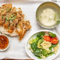 Zab Fried Chicken Set · Fried chicken with Zab seasoning, tangy tamarind sauce, corn salad, chicken soup, and sticky...
