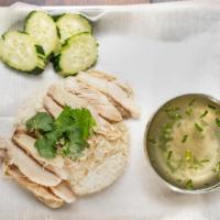 Poached Chicken Set · Poached chicken, soy bean ginger sauce, cucumber, chicken soup, and ginger rice.