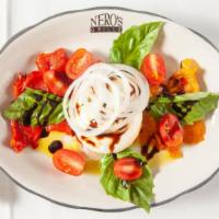 Burrata & Roasted Peppers · Fire roasted sweet peppers, tomatoes shaved sweet onions, fresh basil, extra virgin olive oi...