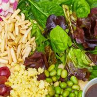 Veggie · Mesculin, Spinach, Avocado, Crumbled Egg, Almonds, Edamame, Onions, Grapes & Spicy Toasted S...