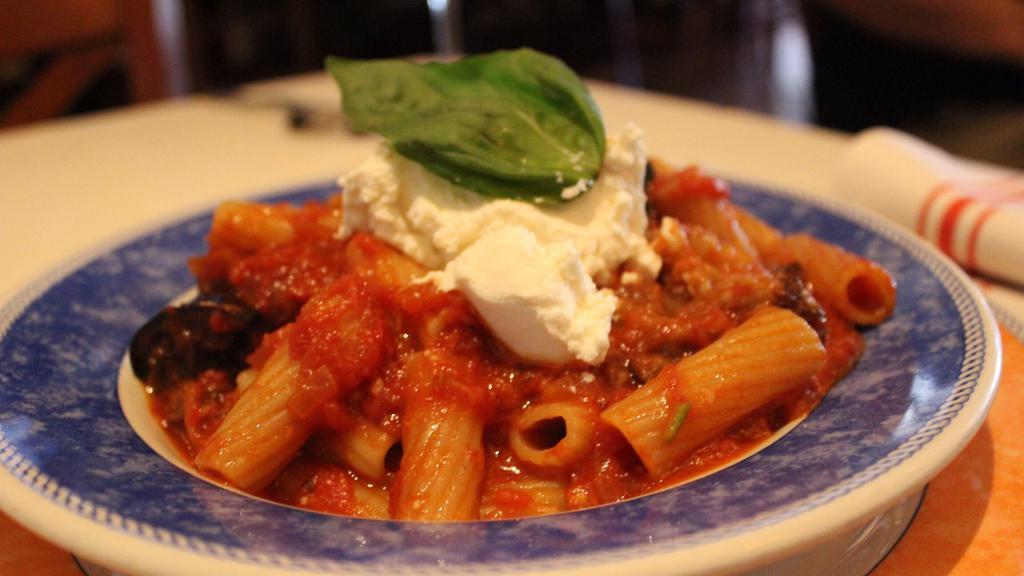 Rigatoni Pecoraio · A delicious ragu of Italian eggplant and fresh buffalo ricotta cheese. Add Grated Parmesan Cheese for an additional charge.