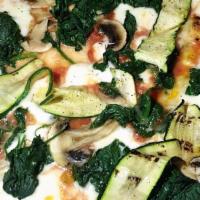 Pizza Vegetariana · Vegetarian. Spinach, mushroom, zucchini, garlic, tomato sauce and mozzarella.