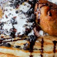 Fried Oreo · Buttermilk pancakes with chunks of oreos. Topped with fresh whipped cream, deep-fried oreo c...