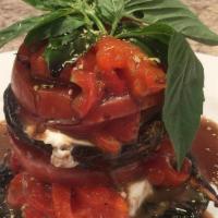 Grilled Portobello Tower · Layered with fresh mozzarella, roasted peppers, tomato and basil drizzled with balsamic vina...