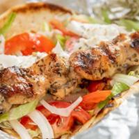 Chicken Souvlaki Platter · with french fries or rice, side salad and pita