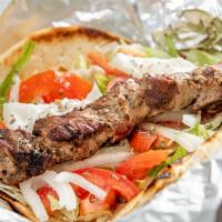 Pork Souvlaki Platter · with french fries or rice, side salad and pita