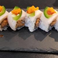 Fire Cracker · Spicy yellowtail crunch roll topped with yellowtail and jalapeno, hot sauce.