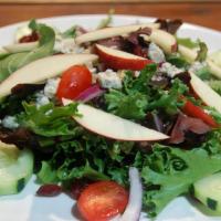 Gorgonzola Salad · Crumbled gorgonzola cheese with mixed greens, walnuts, dried cranberry, sliced apples, cherr...