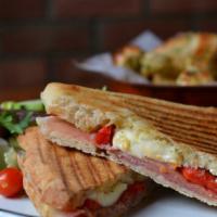 Prosciutto Panini · Fresh mozzarella, roasted red peppers, basil, and olive oil