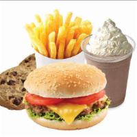 Cheese Burger Classic · Hamburger with American cheese, lettuce, tomato and onion, pickle, coleslaw, French fries, M...